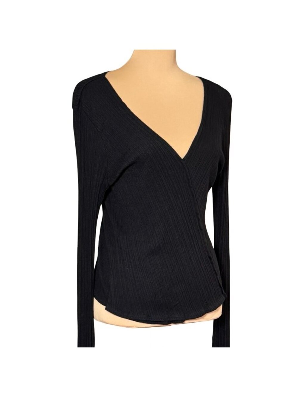Vince Rib-Knit Deep V Wrap Top Sz L Black Minimalist Goth Capsule Wardrobe - Picture 3 of 11